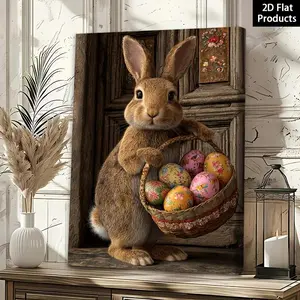 2D Flat, 2D Flat, 1 Easter Rabbit Carrying Basket Full of Eggs 2D Flat Framed Canvas Painting Poster| Perfect for Wall Decor Art, Room Decoration, Living Room Decor, Winter Spring Home Decor, Bathroom Decor, Valentine'S Day Decorations and Gifts	
