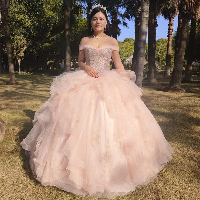NO.27 Sequined Patterned Glitter Net Quinceañera Dress with Tulle Flounces Design On Skirt L.blue Blush Champagne Ball Gown Dress