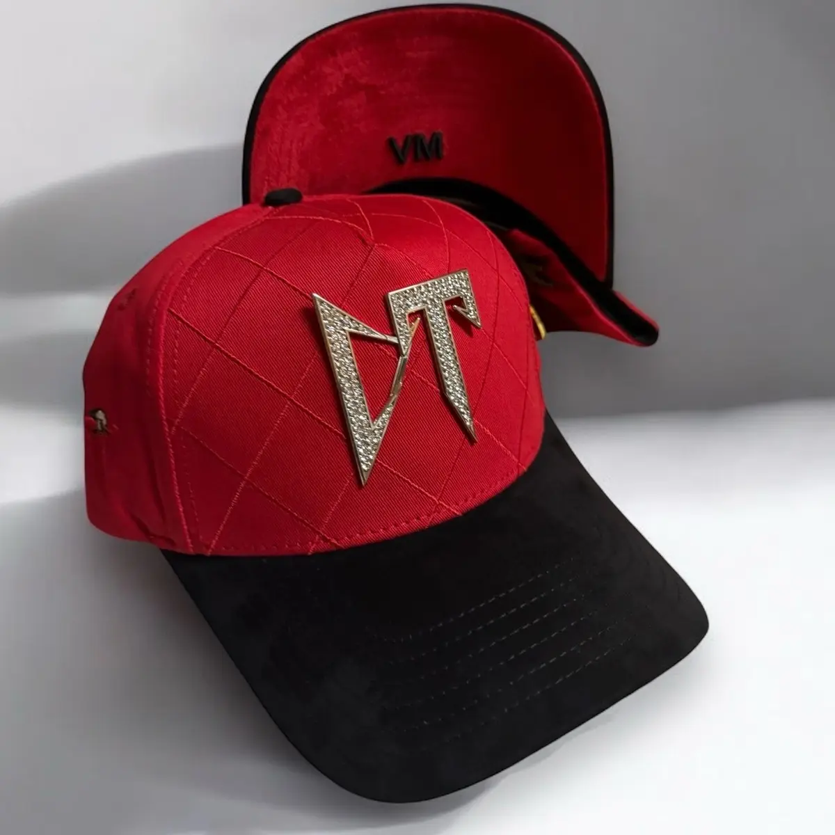 CT Snapback Cap with Diamond Pin & Suede Visor, Fashion Accessory Hat for Men & Women - Black & Red Color Options
