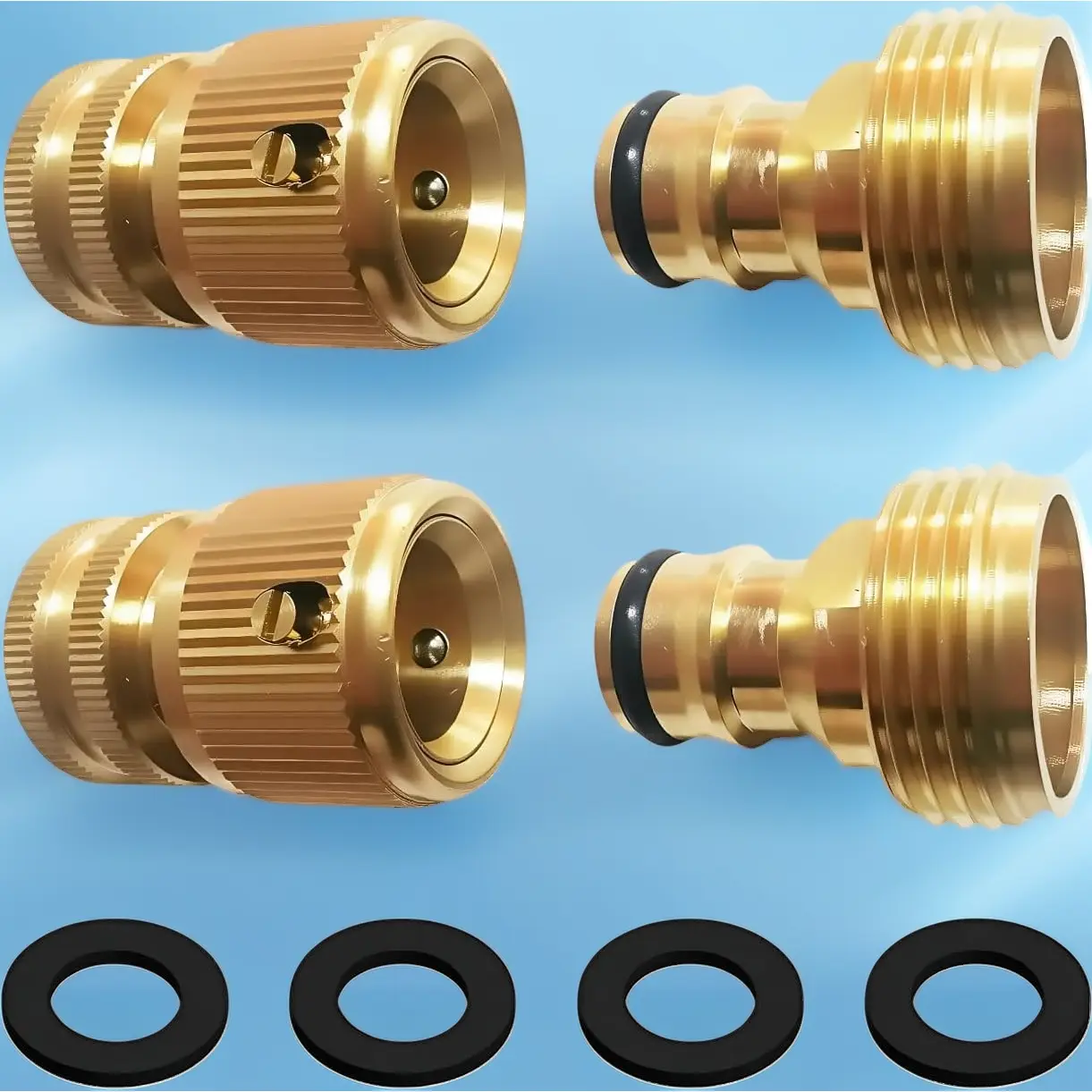 Brass 3/4" GHT Garden Hose Quick Connect Fittings – 2 Sets (2 Female + 2 Male), Heavy Duty Brass Quick Connectors for Garden Hoses, Solid Leak-Proof Design