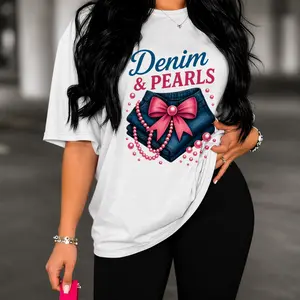 Women's Bow-Front Denim & Pearls Printed Round Neck Short-Sleeve Tshirt - 100% Cotton Classic Fit Streetwear Top, Advanced Digital Print Soft Casual Fabric, Bow-Front Women's T-Shirts