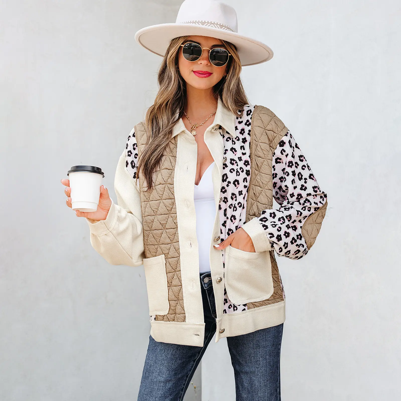 Dear-Lover Women's Khaki Leopard Waffle Quilted Patchwork Pockets Button Front Stylish Jacket