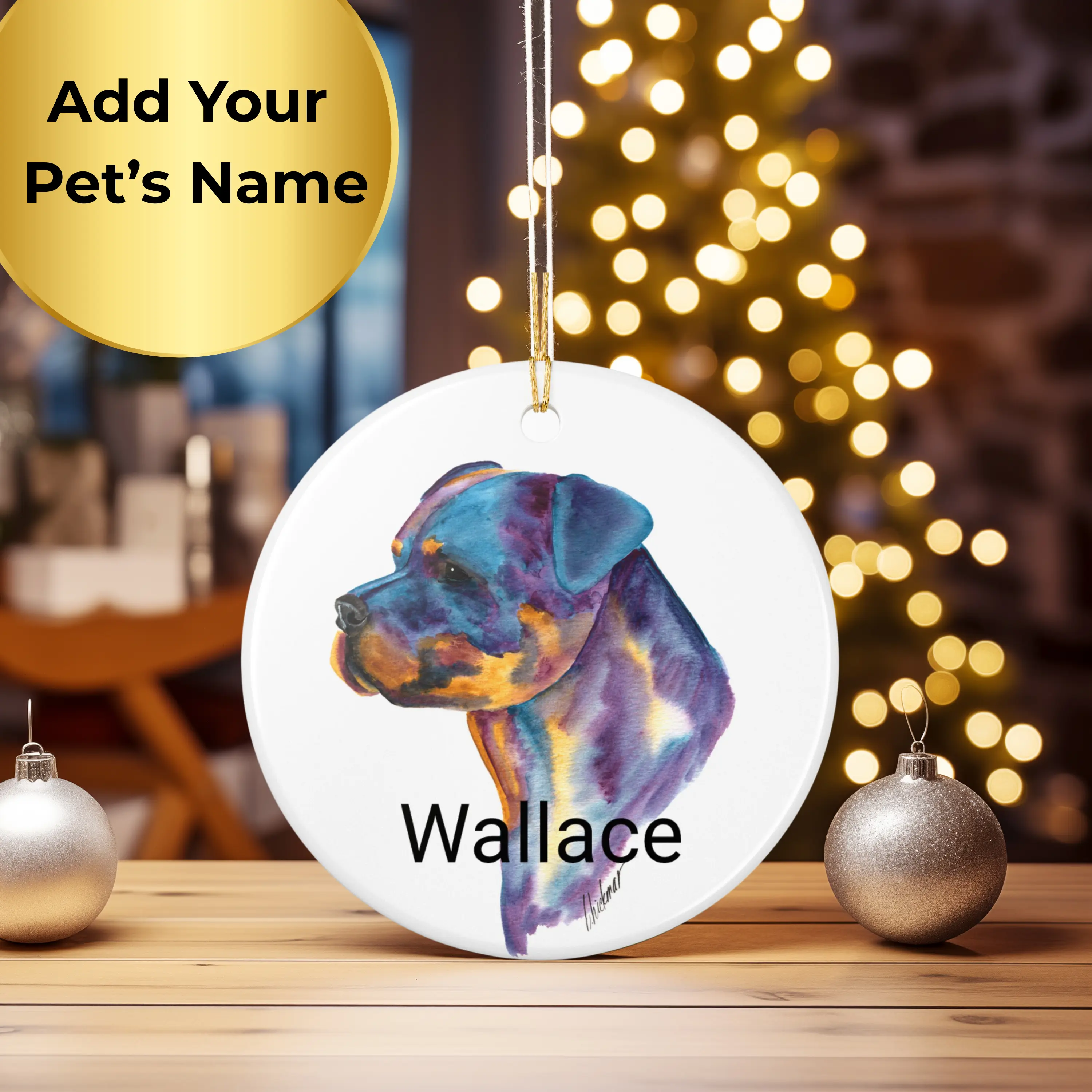 Personalized Rottweiler Christmas Ornament – Custom Pet Name Watercolor Dog Art Ceramic Holiday Decoration ornaments 90s  christmas  decor