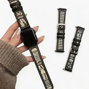 Black And White Houndstooth Canvas Leather Watch Band, Minimalist Stylish Strap Compatible with Apple Watch Series Ultra SE All Models for Daily Casual Fashion Matching (No watch)