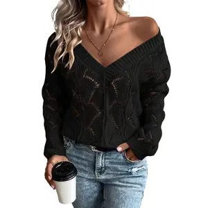 Women's Black Hollow Out Knit V Neck Drop Shoulder Sweater for  WinterOutfit - Knitwear, Womenswear Casual Long Sleeve