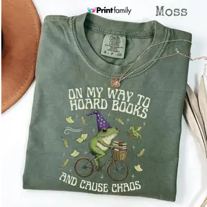 Comfort Colors On My Way To Hoard Books And Cause Chaos T-Shirt, Funny Frog Bookish Tee, Tom Foolery Shirt, Cozy Cottagecore Shirt - Printfamily