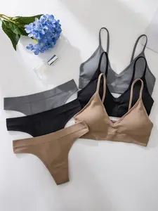 Women's Underwear Set, Comfortable Athletic Sports Bra & Thong, Removable Pads, Daily Essential, Pure Color Series, 6-Piece Pack, Medium Support, Womenswear