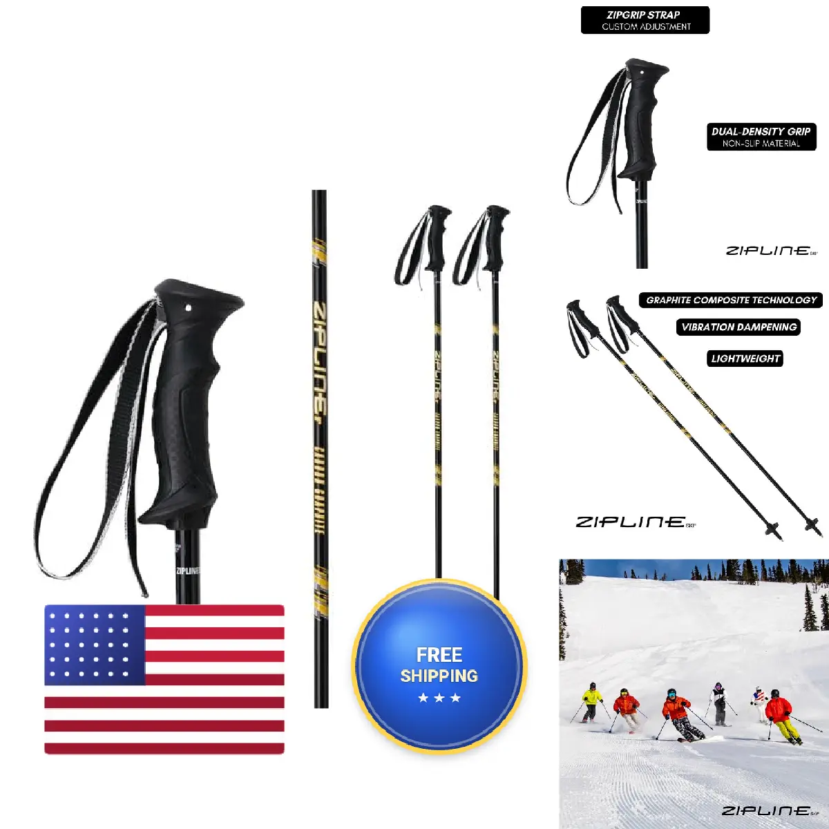 Lollipop Style Ski Poles, Lightweight Graphite Carbon Composite Construction with Durable Grips, 14.0 Length (Pair)