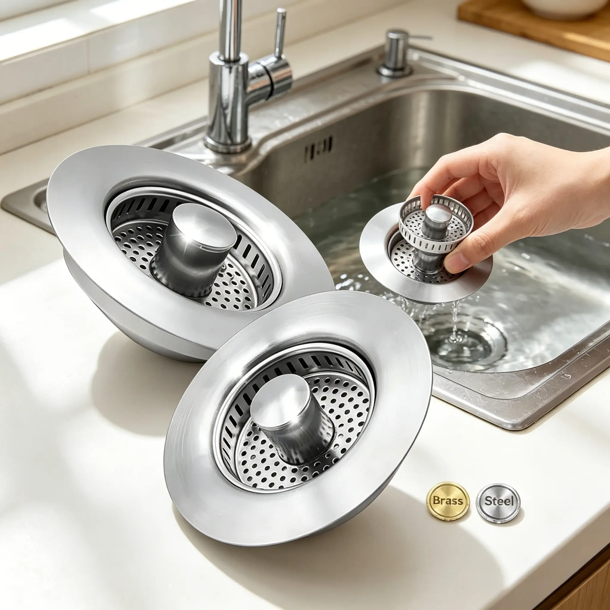 3-in-1 Stainless Steel Kitchen Sink Drain Strainer - Easy-Installation Stopper, Blockage-Resistant Food Scraps Filtering Basket for 3.5 in US Standard Drains with Odor Control