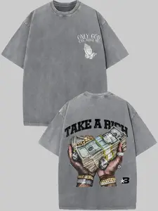 Men's Retro Washed Cotton T-Shirt, "Only God Can Judge Me" Praying Hands Money Diamond Graphic Print, Oversized Loose Fit Streetwear Tee, Summer Men Clothes, Casual Hip Hop Style Top for Daily Outfit