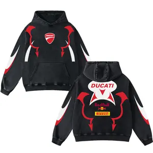 Retro Thunder Ducati Redbull Racing Washed Hoodie MotorGP World Champion Enthusiast Apparel Streetwear Racing Team Super Motorsports Clothing Motobike Riders Supermotor Off-Road Dirt Bike Fan Gear Cotton For Motor Fan