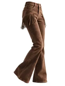 Vintage Flared Pants, Womenswear, Bottom, Warm, Fitted, Casual Fitted Trousers, Side Fringe Design, High Waist Micro Flare, Long Leg Look, Casual Streetwear
