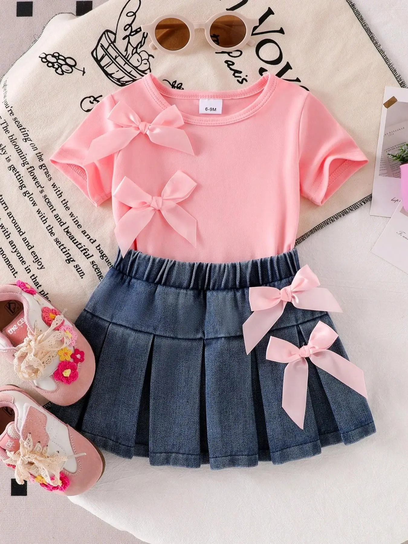 Girls' 2-Piece Bow Short Sleeve T-Shirt and Pleated Skirt Set, Summer Outfits Set, Cute Butterfly Design, Matching Outfits Set, Perfect for Casual Wear, Baby Girl Clothes