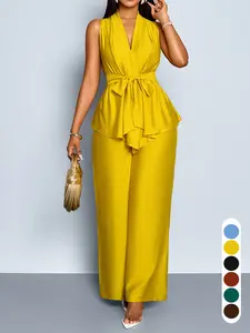Women's Summer Casual Chic Two-Piece Set, Deep V Neck Sleeveless Blouse & High Waist Wide Leg Pants, Drawstring Bowknot Design, Daily Wear