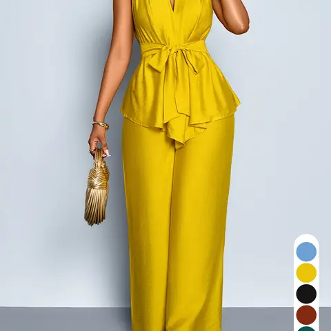 Women's Summer Casual Elegant Chic Style Two-Piece Set, Deep V Neck Sleeveless Flowy Blouse & High Waist Wide Leg Pants, Drawstring Bowknot Design, Daily Wear Fit