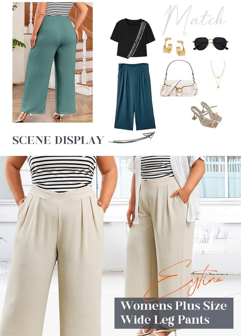 Eytino Womens Plus Size Wide Leg Pants Crossover Waist Pleated Front Casual Work Pants Lounge Trouser with Pockets(1X-5X) Eytino Womens Plus Size Wide Leg Pants Crossover Waist Pleated Front Casual Work Pants Lounge Trouser with Pockets(1X-5X)