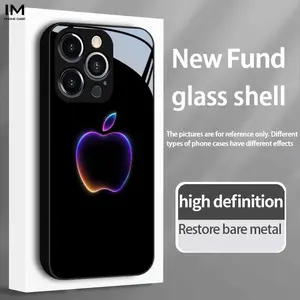 Gradient Apple Neon Light Effect Phone Case, Liquid Reinforced Glass & Tpu Silicone, Anti-Drop, Fingerprint Resistant, for iPhone Series