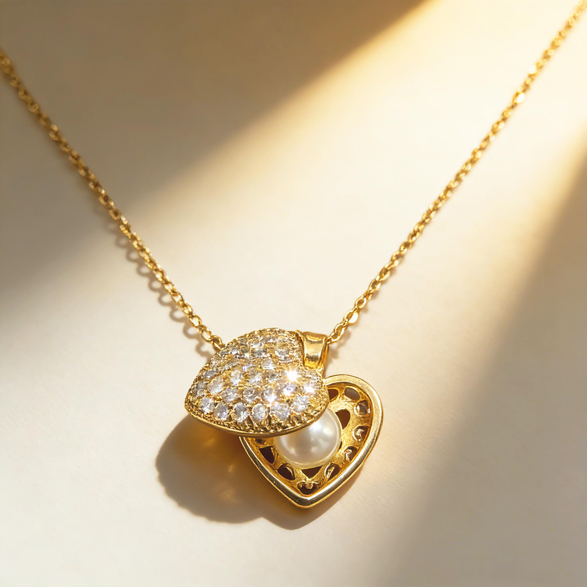 Women's mini heart necklace, gold-plated heart-shaped necklace with rhinestones, delicate small pearl necklace, personalized pendant, perfect as a birthday or anniversary gift, suitable jewelry for women and girls.