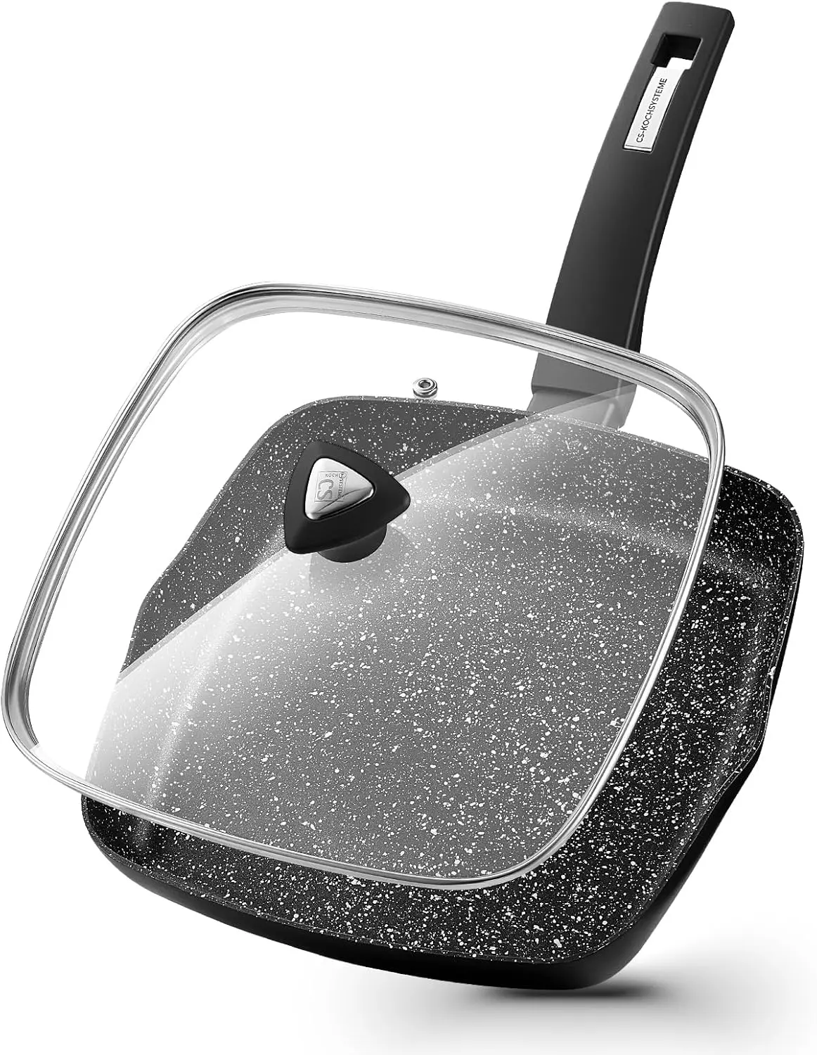 KOCH SYSTEME CS 9.5 Inch Nonstick Grill Pan, Marble Coating Square Grill Skillet with Lid, Fry Pan Compatible with all Stoves, Ultimate Nonstick Skillet with Bakelite Handle, Toxic-Free