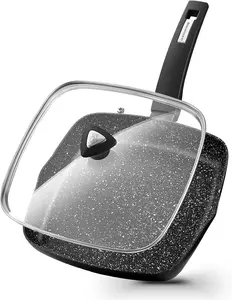 KOCH SYSTEME CS 9.5 Inch Nonstick Grill Pan, Marble Coating Square Grill Skillet with Lid, Fry Pan Compatible with all Stoves, Ultimate Nonstick Skillet with Bakelite Handle, Toxic-Free