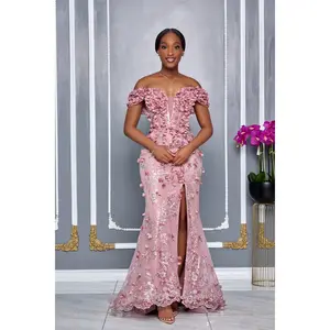 MERMAID OFF THE SHOULDER CORSET SLIT GOWN WITH 3D FLOWER (MAUVE)