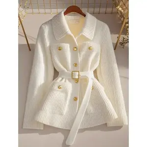 Women’s White Sweater Cardigan, Autumn and Winter Waist-Cinching Top, New Winter Knitted Jacket