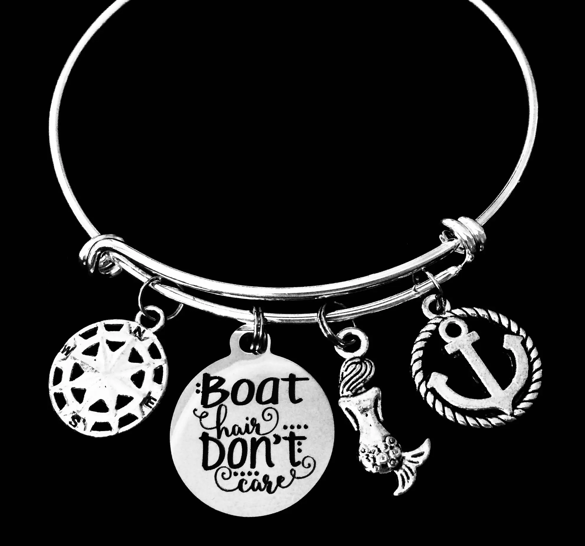 Boat Hair Don't Care Nautical Jewelry Expandable Charm Bracelet Boating Anchor Mermaid Compass Rose