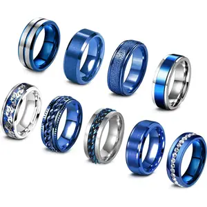 9count Stainless Steel Band Rings for Men Women Cool Fidget Spinning Chain Ring Anxiety Relief Fashion Simple Wedding Engagement Black Ring Set