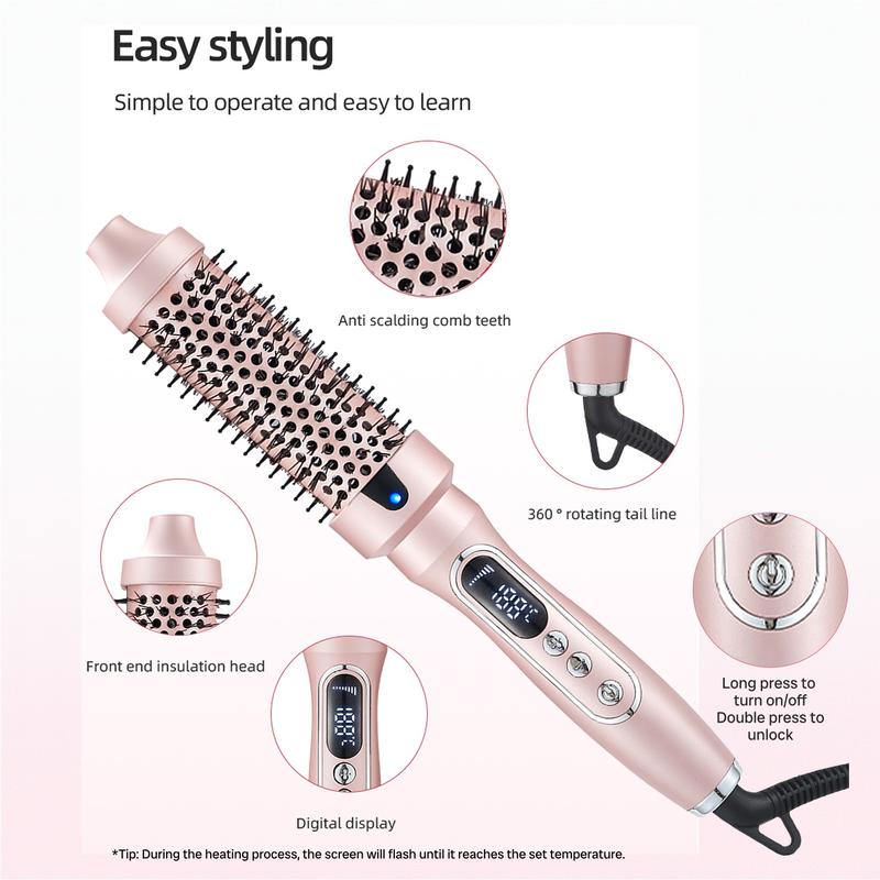 Thermal Brush, Blowout Boost 1.5 inch Heated Round Brush Look with  LED Display, Auto Lock,Dual Voltage, Pink, Less Damage,  Hair Heated Curler Brush,Negative Ions Single,hairstyling,long-lasting wave,prime salon-quality curl,hair curler tools Compact Vir