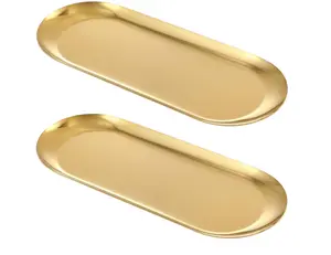 GLAZZLESIPPSCOMPANY Decorative Tray Stainless Steel, Gold, 7 Inch Long, Oval, Jewelry Dish Cosmetics Organizer Bathroom Clutter Serving Platter Small Storage Tray