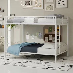 Full Over Full Bunk Bed Frame with Ladder & Full-Length Railing, Modern Metal Bunk Bed Frame with Slats and Guardrail, No Box Spring Required, Easy Assembly, for Bedroom, White
