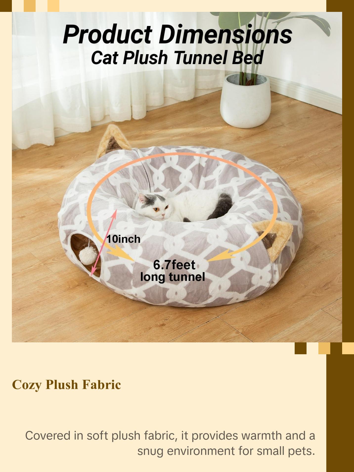 Large Cat Tunnel Bed with Plush Cover,Fluffy Toy Balls, Small Cushion and Flexible Design- 10 Inch Diameter, 3 Ft Length- Great for Cats, and Small Dogs, Gray Geometric Figure