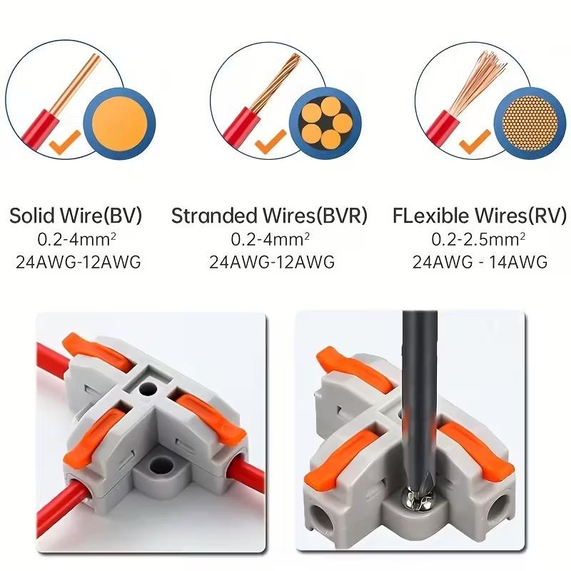 10Pcs Compact Wire Conductor Connector, T-Shape Lever Nut Wire Connector, Quick Splitter 3 Way Electrical Connectors, Quick Snap Connector, AWG 28-12