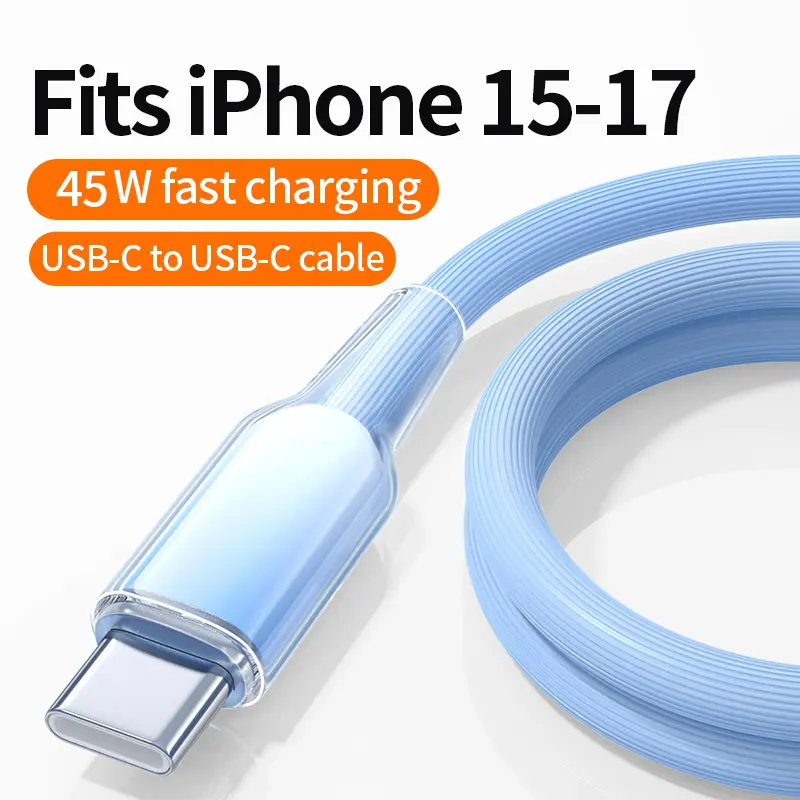 Bend Proof 45W PD Fast charger Cable,2M Extra Long for home,Transparent Gradient USB C to USB C Cable,PE Material,Data Transfer & Charger Cord,Compatible with iPhone 15 16 17 pro max Series,iphone usb c cable