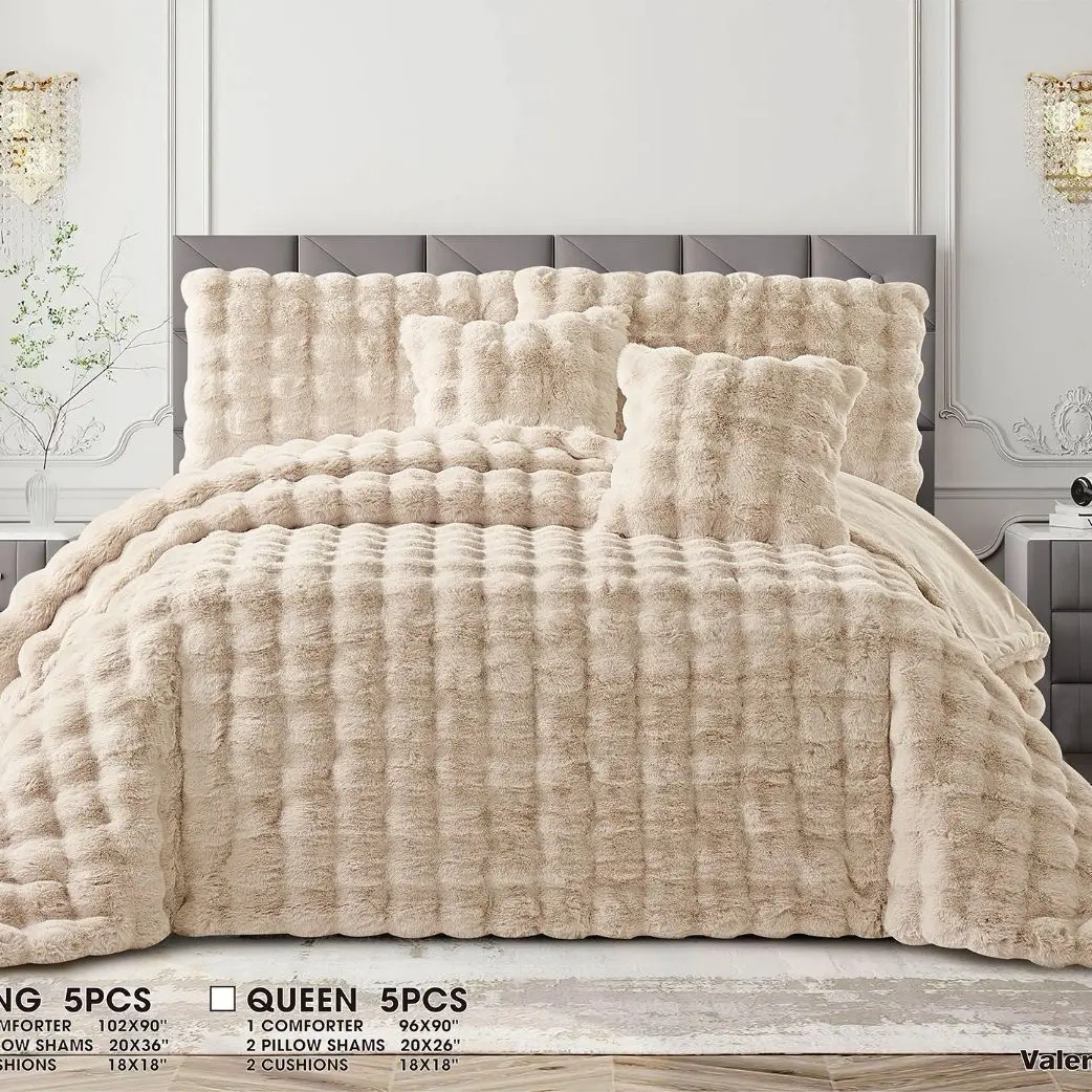 Bubble Blanket Comforter 5pc Set - Queen Size, Soft Rabbit Fur, Includes 1 Comforter, 2 Pillow Shams, 2 Cushions, 96 x 90 Inches