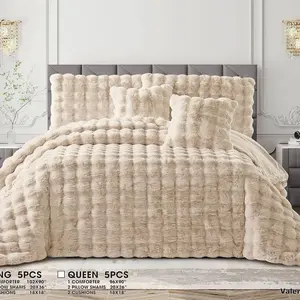 Bubble Blanket Comforter 5pc Set - Queen Size, Soft Rabbit Fur, Includes 1 Comforter, 2 Pillow Shams, 2 Cushions, 96 x 90 Inches