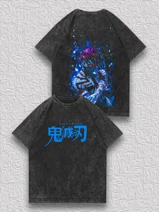 valentine shirts Men's Distressed Reversible Demon Slayer T-Shirt - Akaza Blue Flame Dark-Style Niche Graphic Tee, Vintage Anime Trendy Men's Unique Top