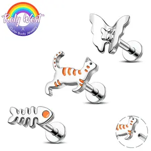 Oufer X Roly 3PCS Cat/Fish Spine/Butterfly Cartilage Labret Studs Set-16G