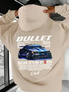 Nissan Skyline Gt-R R34 Graphic Long Sleeve Hoodie, Loose Fitted Sweatshirt, Casual Daily Wear, Home Leisure, Fall & Winter Fashion, Print, Streetwear