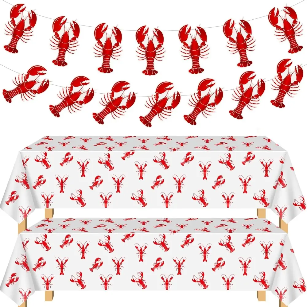 Disposable Plastic Decorative Stain-Resistant Kitchen & Garden Tablecloth Set - 2 Pcs 86x51 in Red & White Covers, 2 Pcs Lobster Banner Prop for Birthday Party, Potluck Decorations