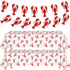 2 Pcs Crawfish Tablecloth and 2 Pcs Lobster Banner Crawfish Boil Table Covers Decorations for Birthday Party Supplies Festival Potluck Barbecue, 86 x 51 Inch, White and Red