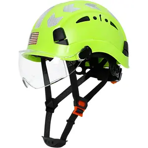 Vented ABS Hard Hat with Clear Flip-Up Visor & Reflective Stickers, Neon Green Lightweight Construction Safety Cap, 6-Point Suspension with Chin Strap for Industrial Outdoor Work