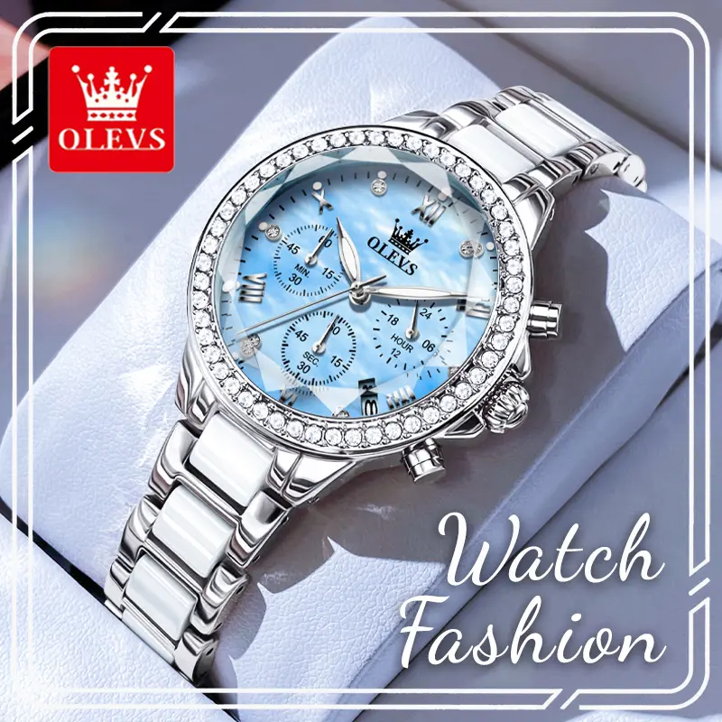 OLEVS Women's Elegant Quartz Wristwatch, White Ceramic Steel Bracelet, Blue Mother of Pearl Dial, Rhinestone Bezel, Luminous Hands, Elegant Wristwatch, Quartz Dial, Fashionable Analog Watch, Female Watches