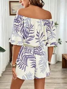 Women's Hawaiian Style Short Sleeve Ruffled Off-Shoulder Fit Romper - Floral Print Bohemian Pink Summer Beach Vacation Jumpsuit