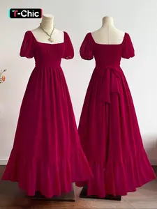 Women's Bohemian Vacation Elegant Chic Casual Waist-Tied Chiffon Woven Floral Long Short Sleeve Ruffle Hem Dress, All Seasons Fitted Style