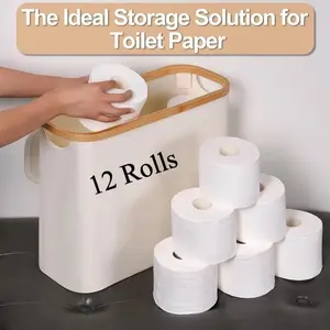 Foldable Bamboo Toilet Paper Holder with Lid, Storage Box for 12 Rolls, Bathroom Organizer Container, Eco-Friendly Design