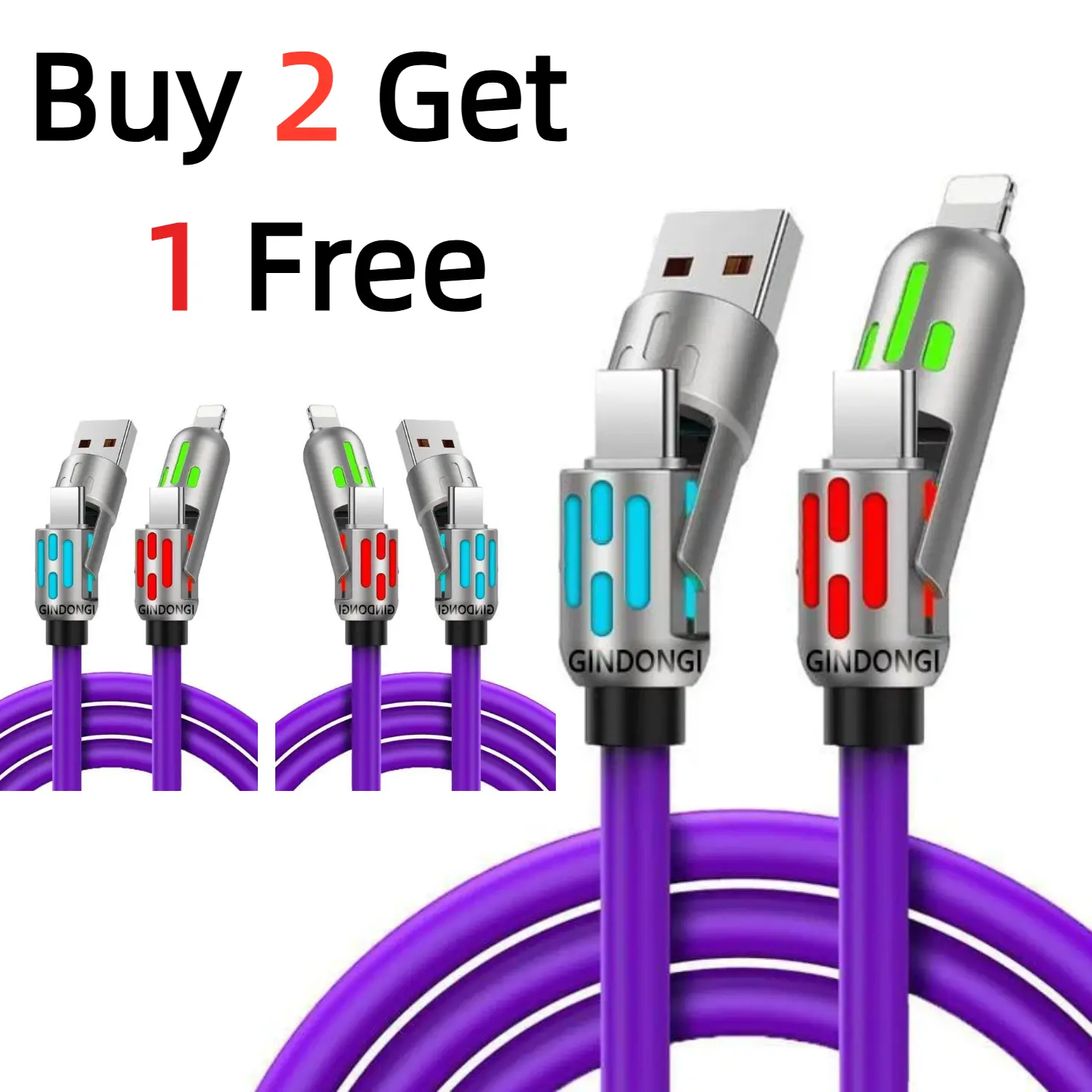 3-Pack 4-in-1 Multi-Functional USB-C/Lightning Universal Cable, 240W Fast Charging with Breathing LED Light, Multi-Device Charger for Phones & Tablets, Back to School Essential