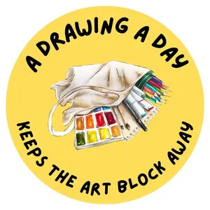 4x4 Artist Sticker with Yellow - A Drawing a Day Keeps the Art Block Away Motif Featuring Paints and Pencils Design
