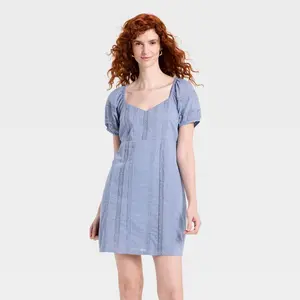 Women's Puff Short Sleeve Lace Mini Sundress - Universal Thread Blue XL