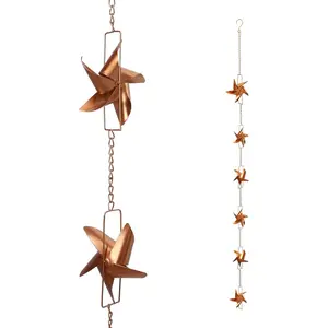 6ft Windmill Rain Chain Set for Gutters, Copper Rose Gold Rain Chain Cups to Replace Gutter Downspout, Divert Water, 6 Cups Included
